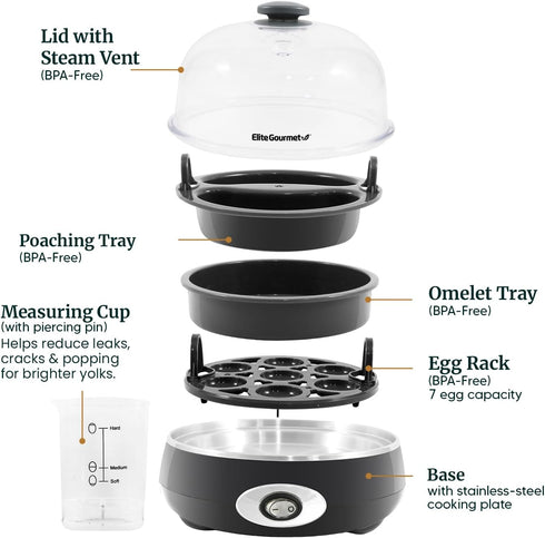 EGC007CHC# 7 16-Recipe Elite Gourmet Rapid Egg Cooker, Easy-To-Peel, Hard, Medium, Soft Boiled Eggs, Poacher, Omelet