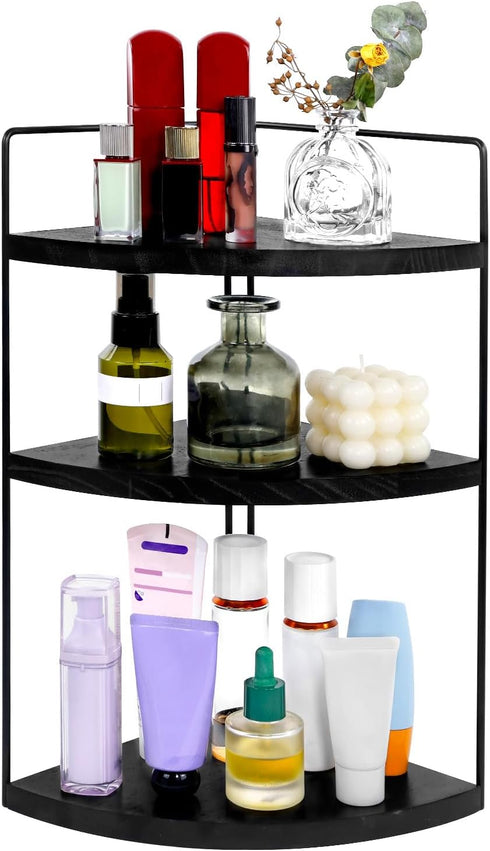 ReeyderArt Corner Bathroom Counter Organizer Countertop Black, 3-Tier Corner Shelf Wood Vanity Tray