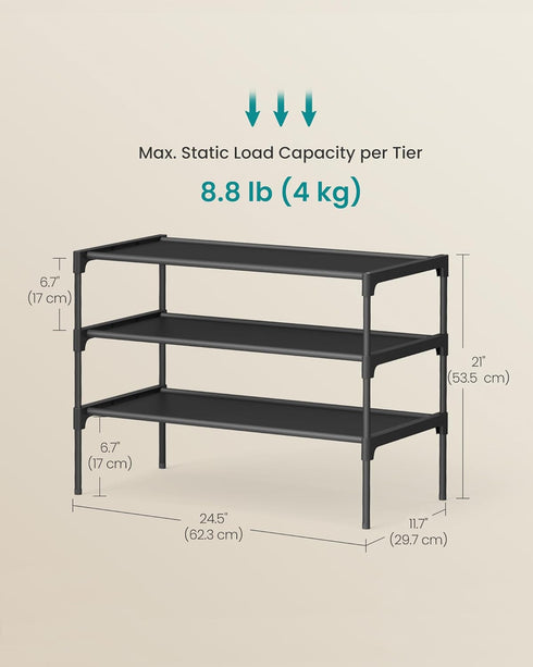 3-Tier 11.7 24.5 21 Inches, ULSH023BH01 SONGMICS Shoe Rack, Shoe Storage Organizer, Space-Saving, x x Entryway, Metal