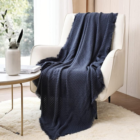 CREVENT Farmhouse Waffle Knit Throw Blanket - Navy Blue, Soft Warm Cozy Lightweight for Couch, Sofa, Chair, Bed