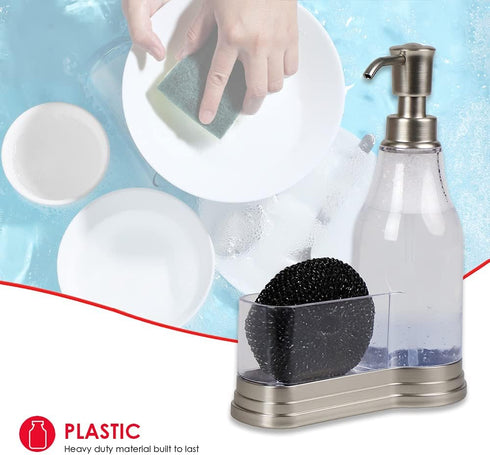 Home Basics Plastic Soap Dispenser with Fixed Sponge Holder and Brushed Steel Top, Chrome