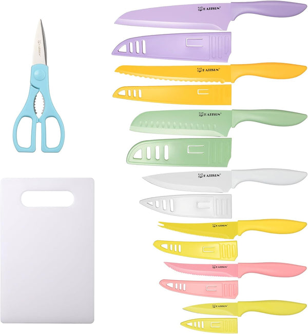 Knife Set with Kitchen Cutting Board, 30 Piece Colour Coding Stainless Steel Boxed Knives with Shears
