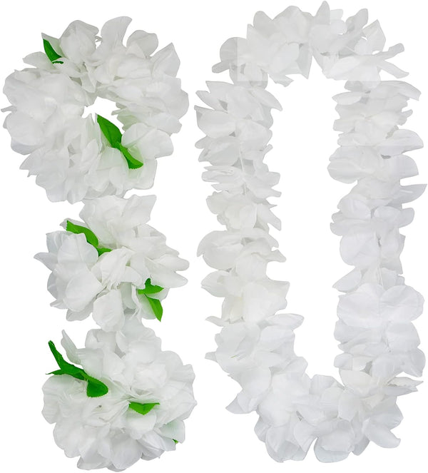 4 Pcs White Hawaiian Leis with Green Leaves for Graduation Party, Dance Party, Photo Prop Outdoors (White-02)