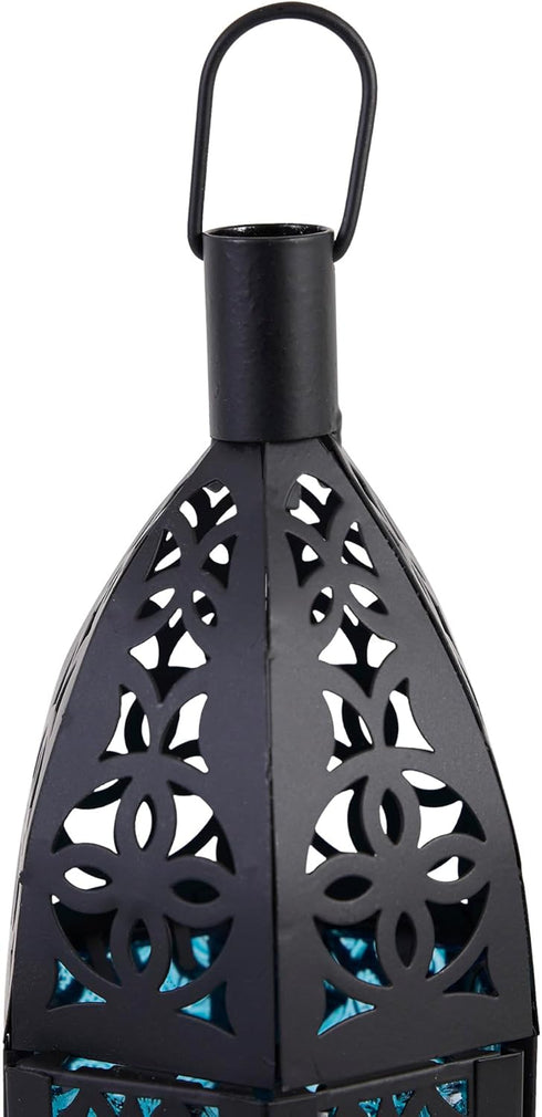 Zingz & Thingz Decorative Light Candle Lantern Holder, Moroccan Style, 13" Tall, Black with Blue Glass