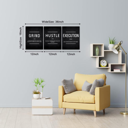 BWSPACE Grind Hustle Execution Wall Art, Motivational Wall Decor, Office Pictures Posters, 3 Pieces Framed Canvas Prints