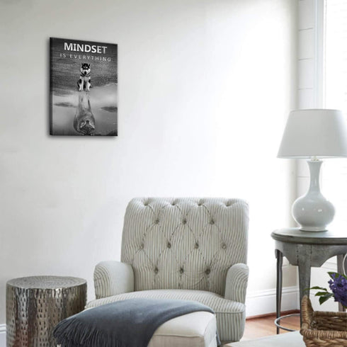 Modern Motivational Bedroom Wall Art, Mindset is Everything Inspirational Office Wolf Motto Artwork, Black and White