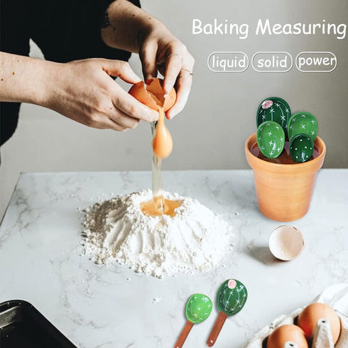 Cactus Measuring Spoons Set in Pot, Cute Ceramic Measuring Cups and Spoons, 1 Tbsp, 1 TSP, 1/2 TSP, 1/4 TSP, 1 Cup,