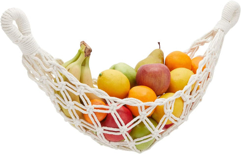 Okuna Outpost Macrame Hanging Fruit Basket Hammock for Kitchen, 6 x 25 x 15 in, White Cotton Modern Under-Cabinet