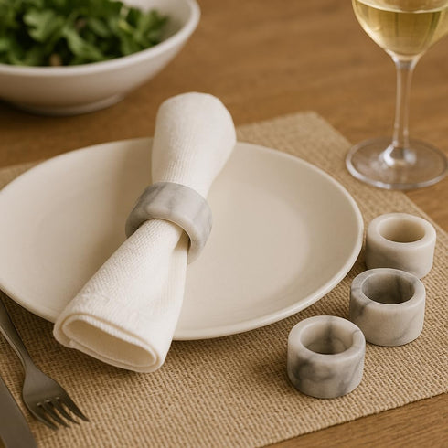 Creative Home Set of 4 Natural Off-White Marble Napkin Rings for Party Decoration, 1.8" Diam. x 1.2" H