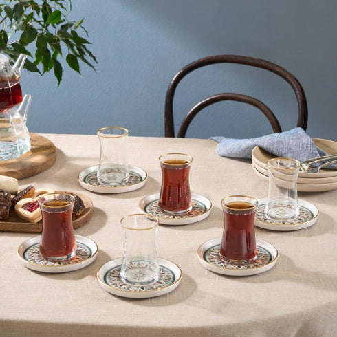 KARACA Clara 12-Piece Multicolor Turkish Tea Glass & Saucer Set Elegant Multicolour