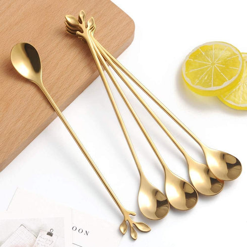 Long Handle Iced Tea Spoons Set of 6, Comicfs 7.6" Gold Leaf Cocktail Stirring Spoons, Dishwasher Safe