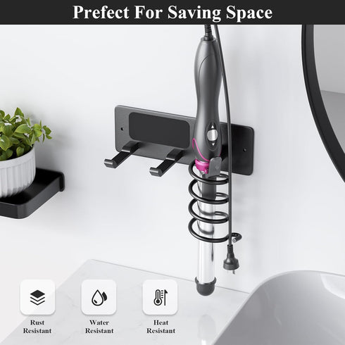 Tindbea Hair Dryer Holder + Curling Iron Holder, Matte Black Wall Mount Organizer for Bathroom