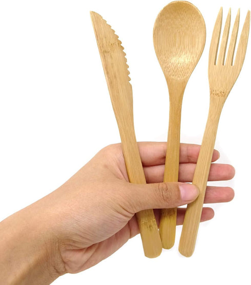 Honbay 3PCS Japanese Style Eco-friendly Bamboo Flatware Set, Reusable Utensils with Retro Pouch - Spoon, Fork, Knife