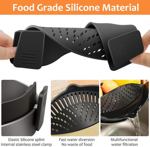 YEVIOR Clip on Strainer for Pots, Hands-Free Silicone Food Strainer for Pasta, Fits All Bowls and Pots (Black)