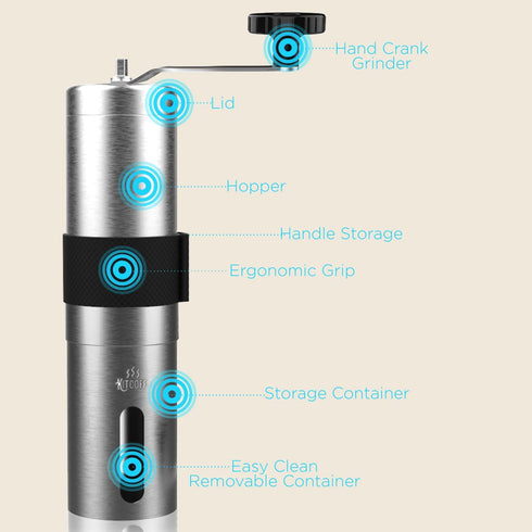 Manual Coffee Grinder — Stainless Steel Conical Burr Coffee Bean Grinder with Hand Crank, 18 Adjustable Settings