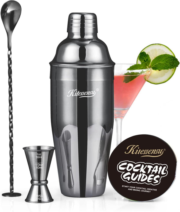KITESSENSU Cocktail Shaker Set, Stainless Steel Martini Shaker with 24 Ounce Mixer, Jigger, Bar Spoon & Recipe Guide,