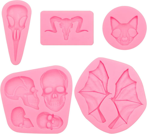 Halloween Fondant Molds, Skull Sheep Head Bat Wings Silicone Molds for Cake Decoration, Set of 5