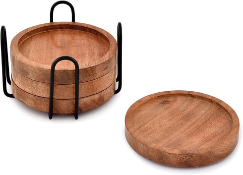 Acacia Wood Round Coasters Set of 4 with Iron Holder - Tabletop Protection for Drinks in Home, Bar, Kitchen