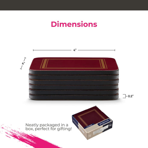 Pimpernel Classic Burgundy Drink Coasters, Set of 6, Heat & Stain Resistant, Non-Slip Cork Backing, 4"