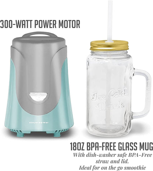 OVENTE Electric Personal Portable Blender, 18 Ounce Drink Mixer with Glass Jar and Stainless Steel Blades (Turquoise)