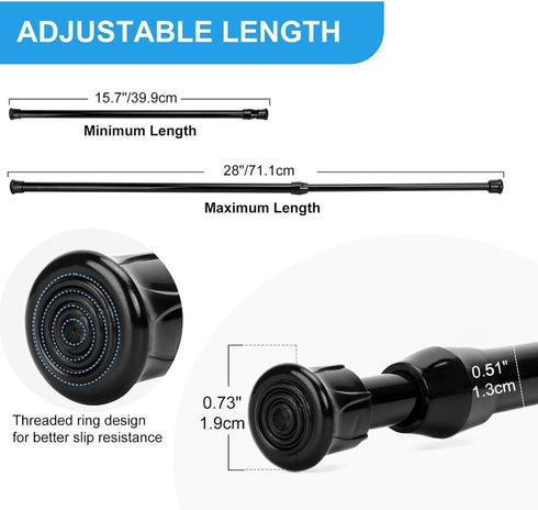 2 Pack Tension Curtain Rod - 15.7-28 Inch Adjustable Spring Loaded Rods for Windows, Black