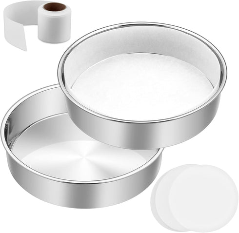 E-far 8 Inch Cake Pan Set of 2, Stainless Steel Round Baking Pans with Parchment Rounds & Side Liner Roll