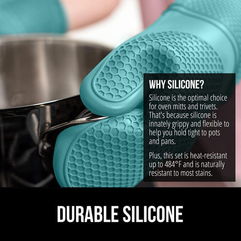 Gorilla Grip 4 Piece Silicone Oven Mitt and Trivets Set, Waterproof, Cotton Lined, BPA-Free, Turquoise