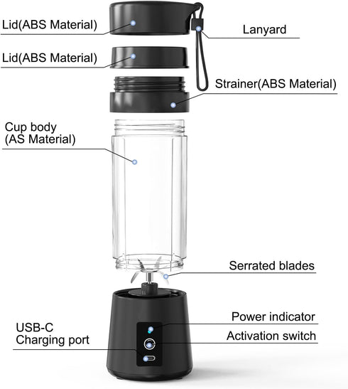 Portable Blender Bottles, Personal Mini Blender for Shakes & Smoothies, 13oz USB-C Rechargeable (Black)