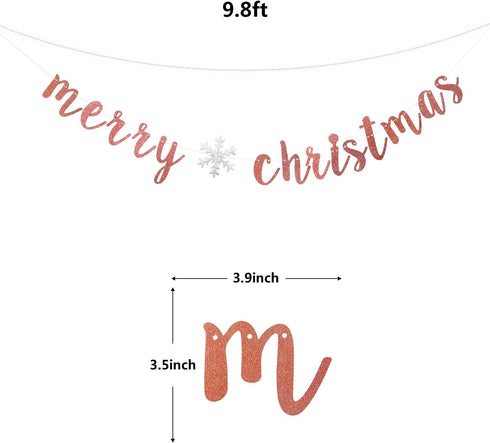 Rose Gold Glitter Merry Christmas Banner - Great for Holiday Home Mantle Fireplace Party Decorations