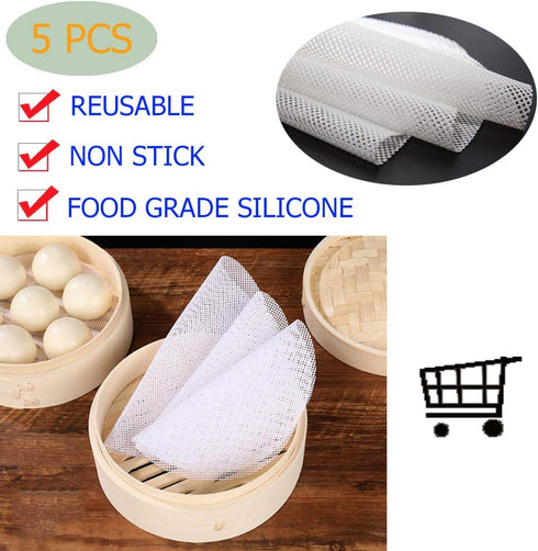 Stohua 5 pcs Non Stick Silicone Steamer Liners - Reusable Mesh Mat Round Pad for Bamboo Steamer