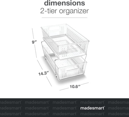 Madesmart 2-Tier Plastic Multipurpose Organizer with Divided Slide-Out Storage Bins for Under Sink and Cabinet