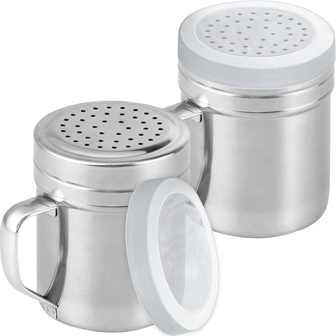 CUSINIUM Metal Salt Pepper Dredge Shakers, 10 Ounce, 2pcs with Handle, Seasonings Spice Shakers with Lids