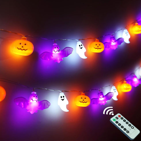 UZKEW 16.4FT 30 8 Halloween String Lights, LED Pumpkin Bat Ghost Battery Operated Orange and Purple Lights Strobe