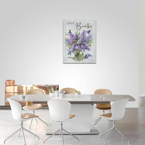 Farmhouse Lavender Bathroom Flower Decor, Just Breathe Rustic Hummingbird Canvas Painting Prints for Bedroom 12"x16"