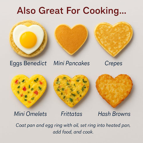 HIC Non-Stick Cooking Rings Set of 2, Heart Shaped, Nonstick, PFOA & BPA Free, 4.625" x 4.25"