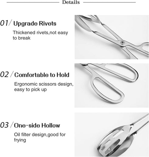 Silver 2 Pieces Buffet Salad Tongs, Stainless Steel Food Scissor Tongs, Catering Utensil for Cooking, Serving, Barbecue