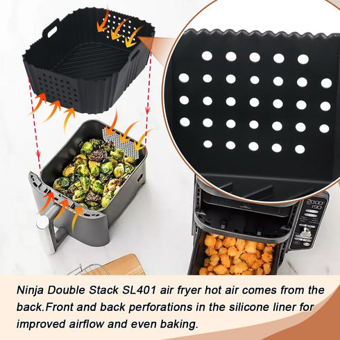BYKITCHEN Air Fryer Silicone Liners for Ninja SL401 Double Stack, Reusable Rectangle Perforated Accessories