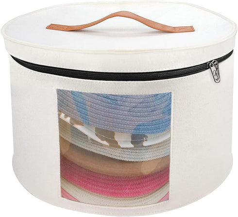 Hat Box for Women, Large Round Felt Hat Carrier Case Organizer for Wide-Brim Cowboy Hats, Foldable with Lids - White