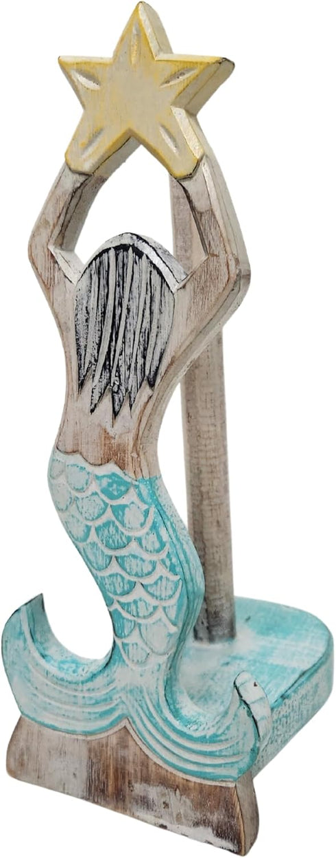 WorldBazzar Hand Carved Mermaid Star Fish Paper Towel Holder Wood Carving Nautical Statue Kitchen Gadget Sculpture