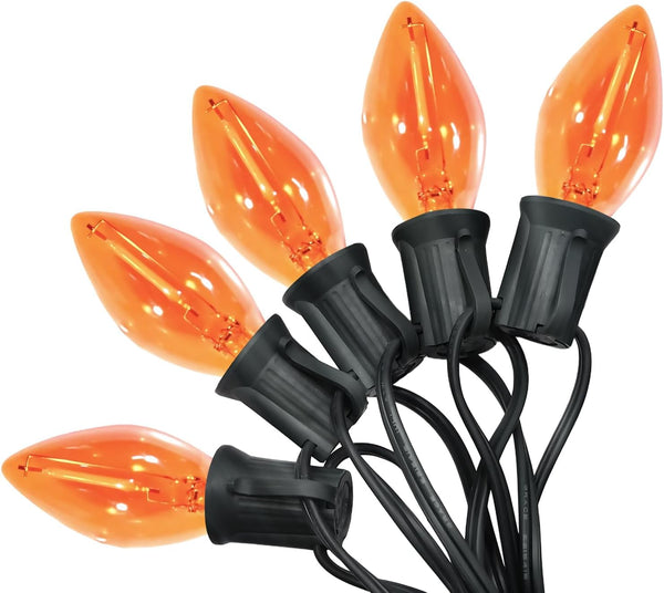 C7 LED Christmas Lights, 12FT Black Wire with 12 Orange Vintage Bulbs,