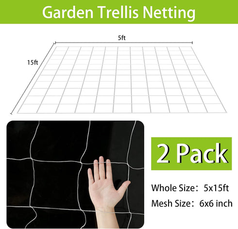 YHmall 2 Pack 5x15 Ft Heavy Duty Trellis Netting for Climbing Plants with 50 Pcs Garden Ties, Outdoor Grow Net