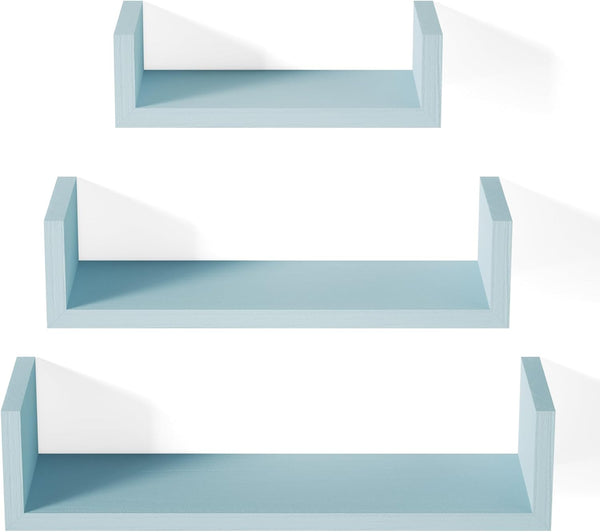 SRIWATANA Floating U Shelves Wall Mounted, Solid Wood Wall Shelves Set of