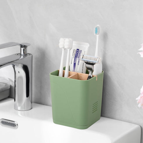 Electric Toothbrush Holder 3 Slots Tooth Brushing Holder with Bamboo Dividers for Bathrooms, Plastic Toothbrush and Toothpaste Organizer for Shower, Countertop, Vanity, Green