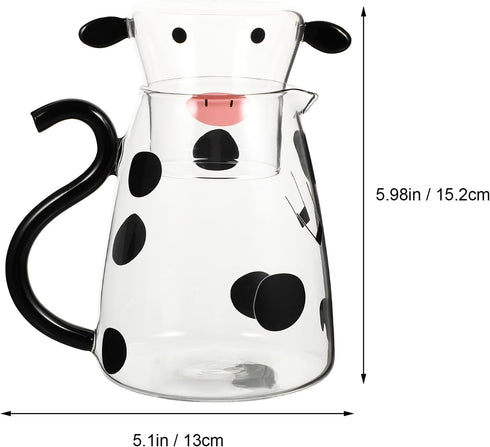 1 Set Glass Carafe Pitcher with Glass Mug, Cute Cow Glass Tea Pitcher Kettle, 550ml Night Water Carafe