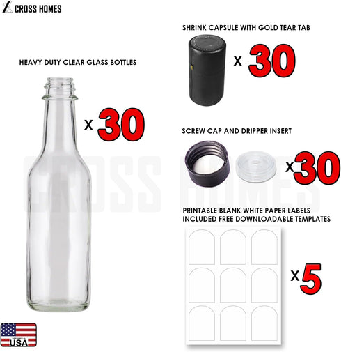 Cross 5oz Woozy 30 Hot Sauce Bottles, Empty Clear Glass Bottles with Shrink Capsules, Small Wine Bottle with Shirnk