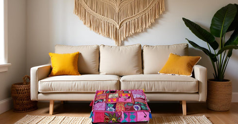 22x22x5 inches, CRAFT KALA Indian Square Patchwork Traditional Pouf Cover Indian Living Room Poufs Decorative