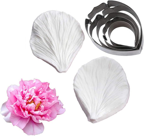 KALAIEN 5pcs Stainless Steel Peony Cutter, 2pcs Fondant Silicone Mold for Sugarcraft Flower Making