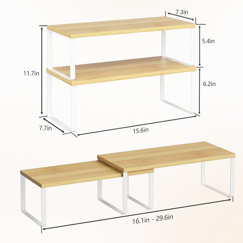 NEX Kitchen Cabinet and Counter Shelf Organizer, Stackable & Expandable, Set of 4, White and Natural, 7.7 x 15.6 x 6.2''