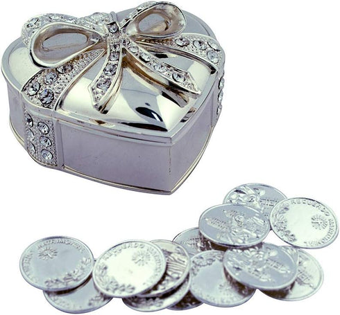 Arras De Boda Gift Set with Coins, 9 Styles, Wedding Metal Boxes for Spanish Matrimony Ceremony (Heart Shaped with Bow)