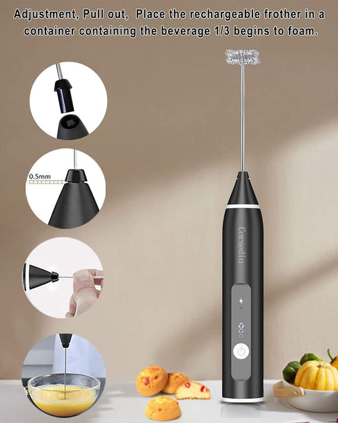 Rechargeable Electric Milk Frother, 3 Speeds Stainless Steel Whisk for Coffee, Cappuccino, Chocolate, Tea
